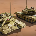 Two Camouflage Military Tanks In Desert Terrain With Heavy Weapon Systems