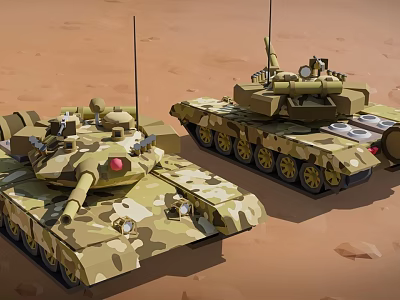 Two Camouflage Military Tanks In Desert Terrain With Heavy Weapon Systems 3d model