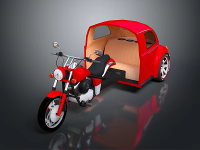 Shiny Red Motorcycle With Enclosed Sidecar Beige Seats And Chrome Accents 3d model