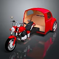Shiny Red Motorcycle With Enclosed Sidecar Beige Seats And Chrome Accents