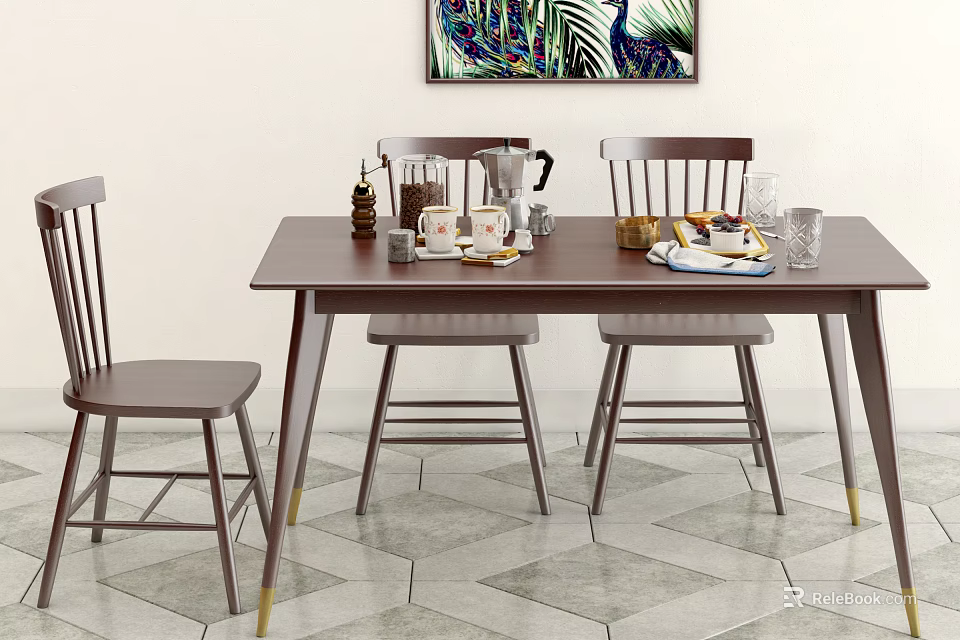 Dark Brown Wooden Dining Table Set With Chairs Coffee Pot And Decorative Painting 3d model 