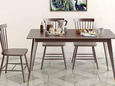 Dark Brown Wooden Dining Table Set With Chairs Coffee Pot And Decorative Painting 3d model