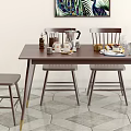 Dark Brown Wooden Dining Table Set With Chairs Coffee Pot And Decorative Painting