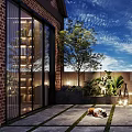 Outdoor Terrace With Brick Building Glass Doors Table Chairs Umbrella Plants And Lighting