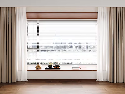 Beige Linen Curtains With Side Panels And Window Blinds Overlooking City View 3d model