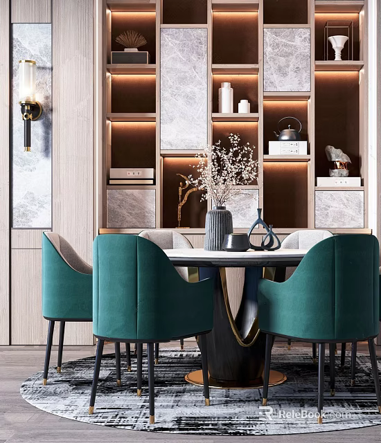 Elegant Modern Dining Table Set With Green Upholstered Chairs And Decorative Shelves 3d model