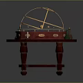 Red Wooden Table With Gold Armillary Sphere Candles And Cards On Top