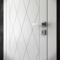 White Hinged Door With Diamond Pattern And Black Handle On Dark Wall 3d model