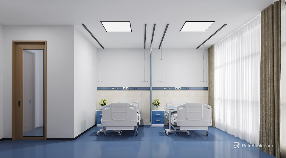 Modern Hospital Room Interior With Two Beds Blue Floor White Walls And Curtains 3d model 
