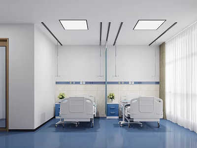 Modern Hospital Room Interior With Two Beds Blue Floor White Walls And Curtains 3d model