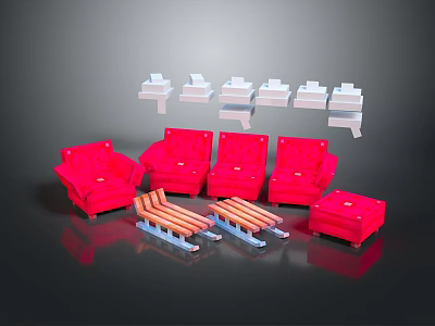 Red Single Sofa Set With White Components And Orange Striped Elements 3d model