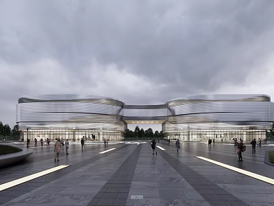 Modern Commercial Complex Exterior With Curved Glass Walls Open Plaza And People Walking 3d model