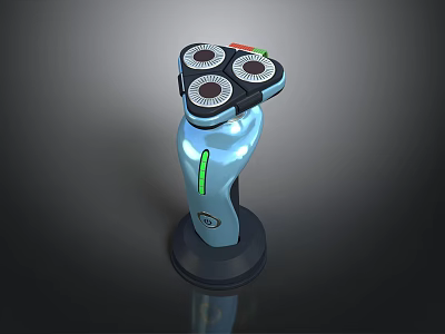 Electric Shaver With Three Blades Blue Body Green Indicator And Black Base 3d model