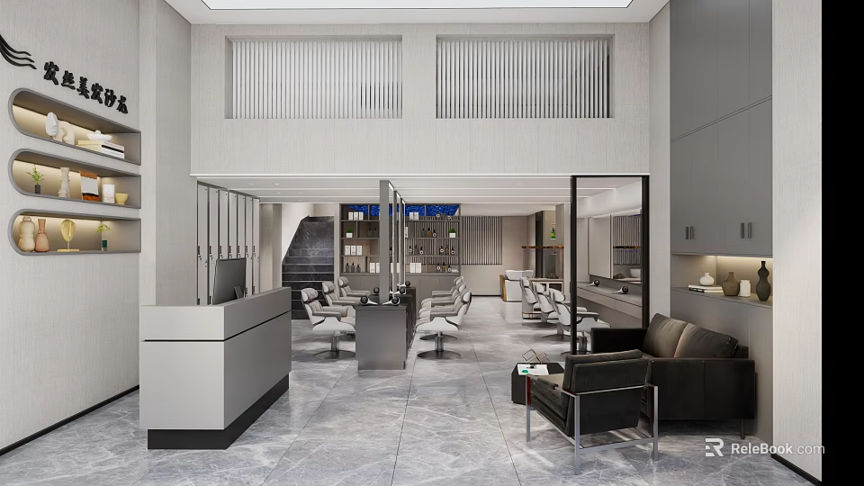Modern Beauty and Hair Salon Interior Design With Styling Chairs Reception Desk Sofa And Mirrors 3d model 