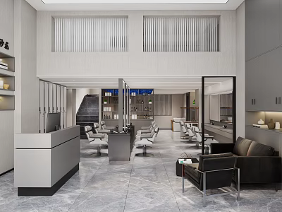 Modern Beauty and Hair Salon Interior Design With Styling Chairs Reception Desk Sofa And Mirrors 3d model