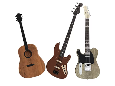Musical Instruments Collection With Acoustic Wooden Guitar Electric Bass And Gray Electric Guitar 3d model