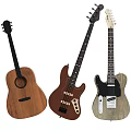 Musical Instruments Collection With Acoustic Wooden Guitar Electric Bass And Gray Electric Guitar