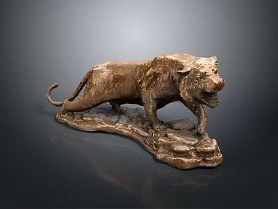 Detailed Roaring Bronze Tiger Sculpture with Striding Pose Textured Surface and Rock Base 3d model