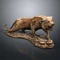Detailed Roaring Bronze Tiger Sculpture with Striding Pose Textured Surface and Rock Base