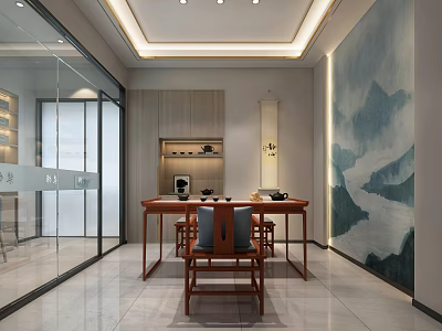 Chinese Style Leisure Area Interior Design With Landscape Mural Wooden Table Chairs Glass Partition 3d model