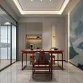 Chinese Style Leisure Area Interior Design With Landscape Mural Wooden Table Chairs Glass Partition