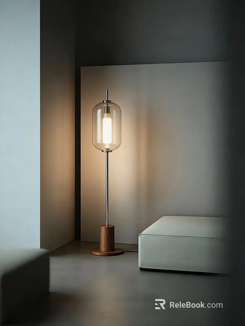 Modern Floor Lamp with Transparent Glass Shade Metal Pole and Wooden Base in Minimalist Corner 3d model 