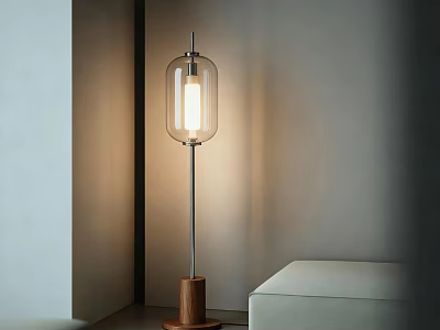 Modern Floor Lamp with Transparent Glass Shade Metal Pole and Wooden Base in Minimalist Corner 3d model