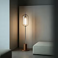 Modern Floor Lamp with Transparent Glass Shade Metal Pole and Wooden Base in Minimalist Corner