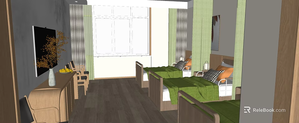 Shared Bedroom Interior With Wooden Floors Green Blankets Beds Windows And Curtains 3d model 