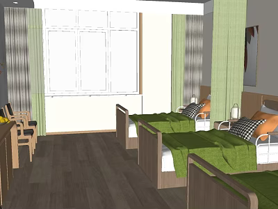 Shared Bedroom Interior With Wooden Floors Green Blankets Beds Windows And Curtains 3d model