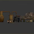 Rustic Garden Decorative Pieces with Clay Pots Pipes Wooden Bench Wheelbarrow and Baskets