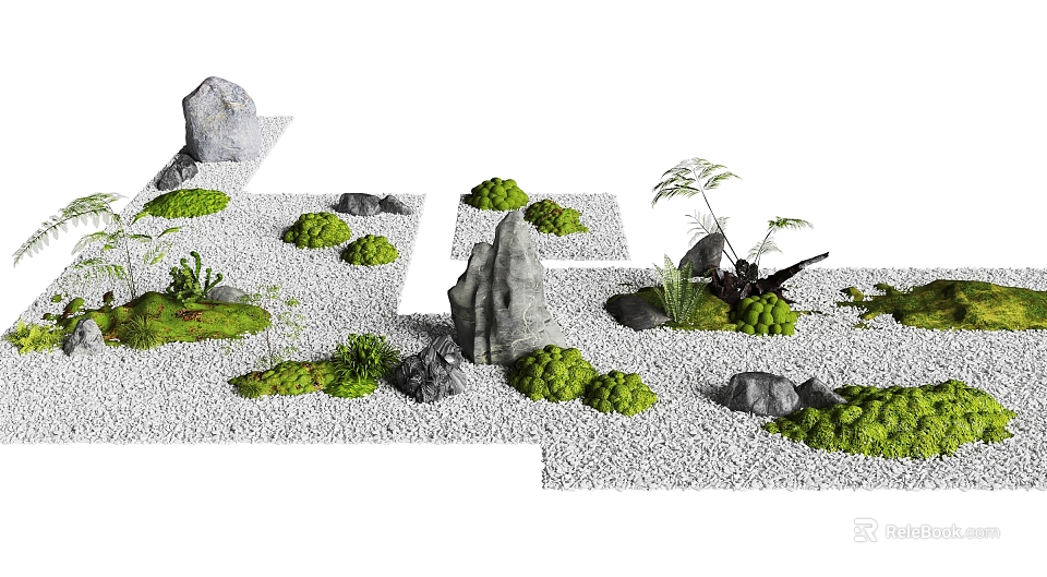 Natural Garden Ornaments With Smooth Stones Lush Moss Small Plants And Gravel 3d model 