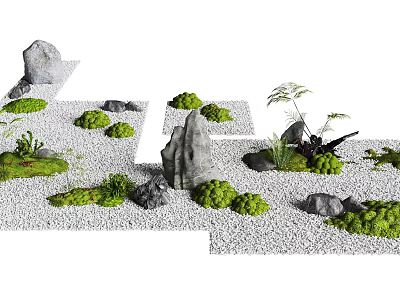 Natural Garden Ornaments With Smooth Stones Lush Moss Small Plants And Gravel 3d model