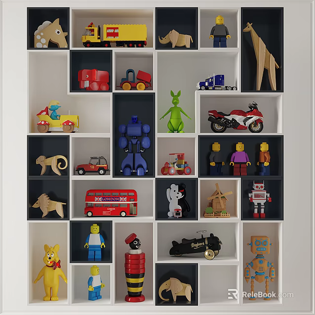 Decorative Toy Storage Cabinet with Small Grid Design and Various Toy Cars Animals Figurines 3d model 