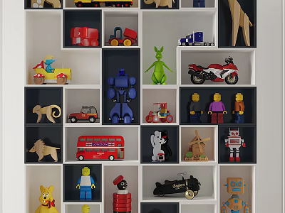 Decorative Toy Storage Cabinet with Small Grid Design and Various Toy Cars Animals Figurines 3d model