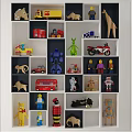 Decorative Toy Storage Cabinet with Small Grid Design and Various Toy Cars Animals Figurines