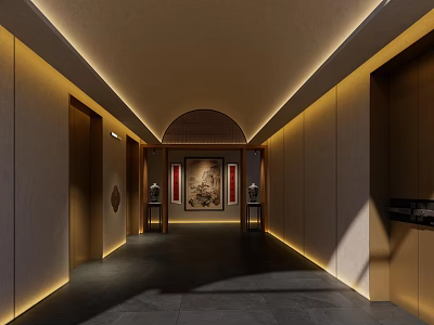 Elegant Hotel Corridor With Traditional Chinese Arched Ceiling Ambient Lighting And Decorative Painting 3d model