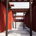 Ancient Chinese Architecture With Traditional Curved Roofs Yellow Walls And Red Gates