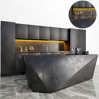 Modern Kitchen Interior With Black Cabinets Island Counter And Ambient Lighting 3d model