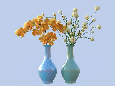 Ceramic Vases In Blue And Turquoise With Yellow And White Flowers On Light Blue Background 3d model