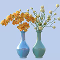 Ceramic Vases In Blue And Turquoise With Yellow And White Flowers On Light Blue Background