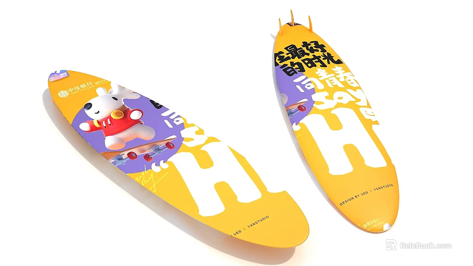Yellow Surfboards With Cartoon Character In Red Clothing Letter H And Best Time Graphics 3d model 