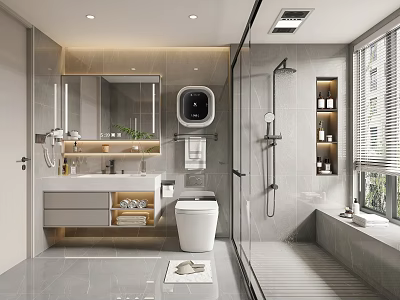 Modern Bathroom Interior Design With Gray Tiles Shower Toilet Vanity Mirror And Cabinets 3d model