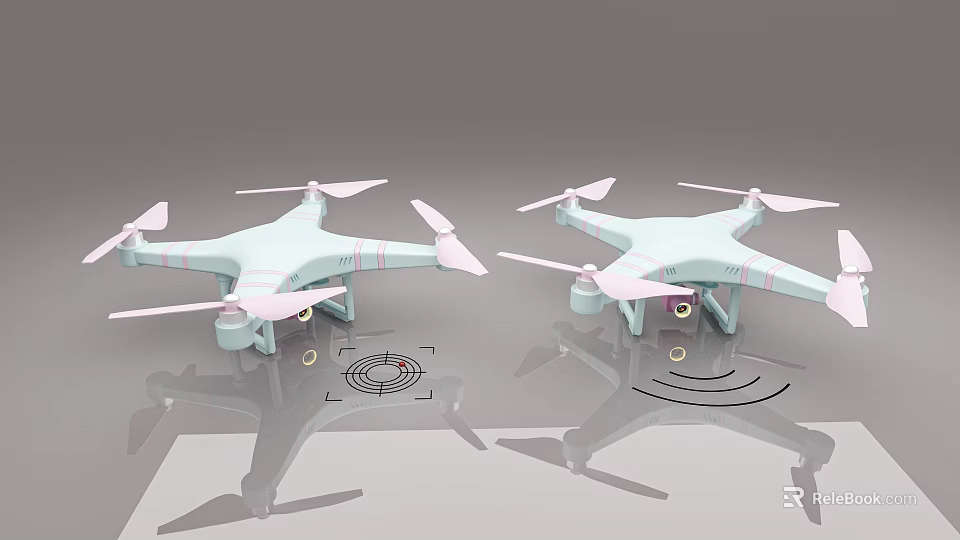 Two White Drones With Propellers Camera And Circular Ground Markers 3d model 