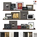 Diverse Decorative Photo Frames On Wooden Shelves With Artworks And