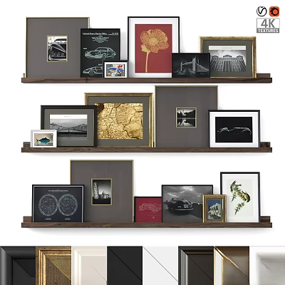 Diverse Decorative Photo Frames On Wooden Shelves With Artworks And 3d model