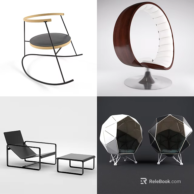 Modern Geometric Accent Chairs With Metal Frames Wooden Details And Stylish Bases 3d model 