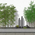 Tall Green Bamboo Plants With Stone Pillars And Rocks Against White Wall