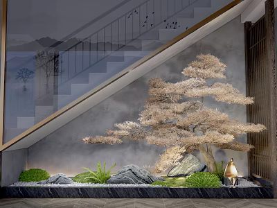 Stunning Indoor Landscape Featuring Decorative Tree Rock Formations Green Foliage Small Figurine And Staircase 3d model