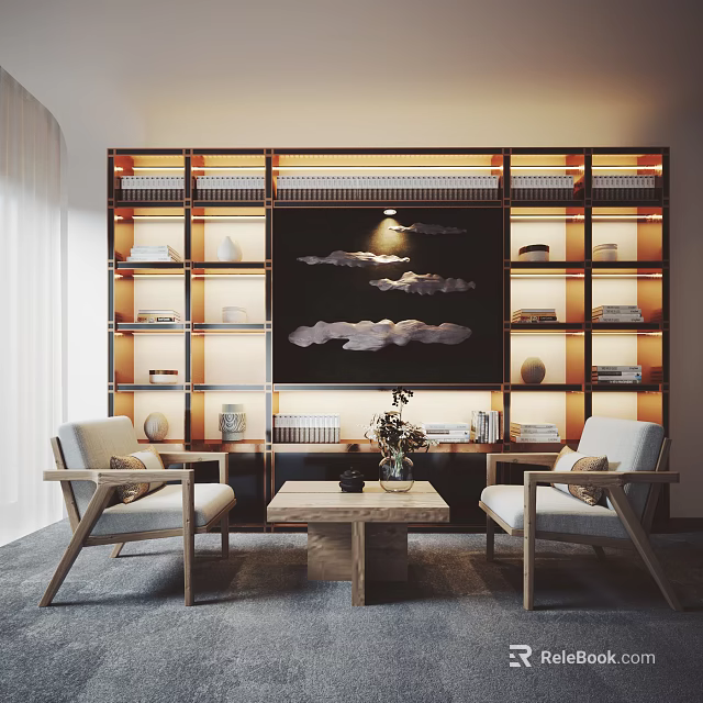 Modern Leisure Sofa Set in Living Room with Bookshelf Coffee Table and Wall Painting 3d model 